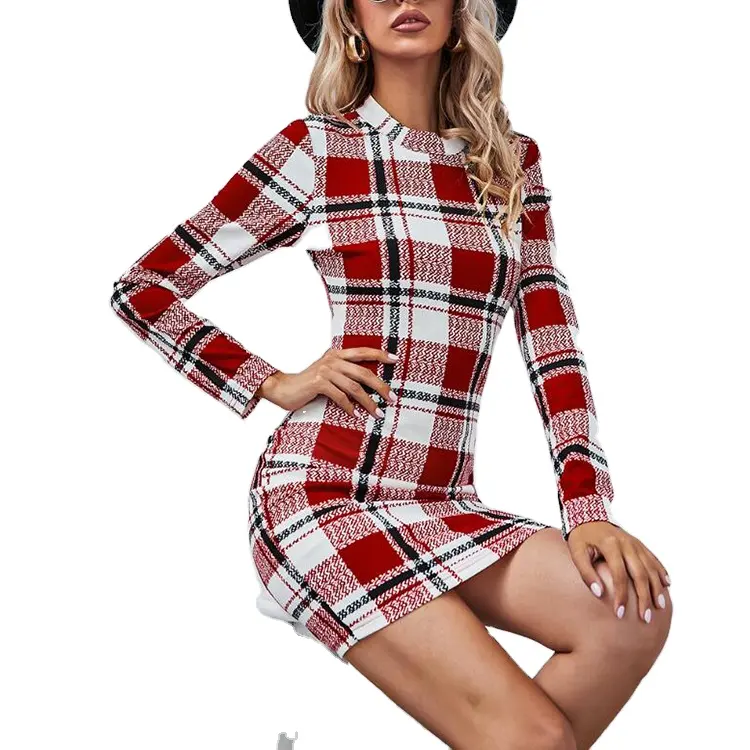 Autumn Winter 2023 Sexy Plaid Dress For Women Vintage Long Sleeve Black White Red Slim Fit Bodycon Dress