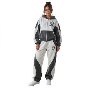 <b>Women's</b> <b>Black</b> White <b>Zip</b> <b>Hoodie</b> Tracksuit Set Color Panel Design Casual Oversized Jogger Pants Streetwear - Product Image 1