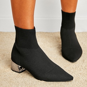 Botine Femme Foreign Trade Knitted Stretch Fabric 2025 Pointed Toe Thick Heel Ankle Socks <b>Boots</b> for Women - Product Image 2