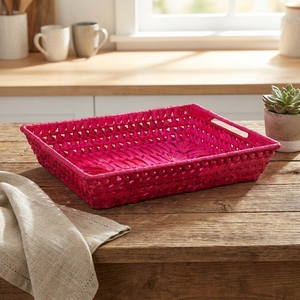 Handmade Natural Woven Storage <b>Basket</b> Bright Pink Rectangular Seagrass Water Hyacinth <b>Basket</b> <b>Tray</b> with Handles for Home Decor - Product Image 1