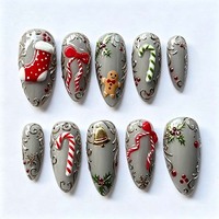 Faux ongles de Noël faits main en gros, forme amande, avec motifs canne à sucre, carreaux rouges et flocons de neige, réutilisables pour les fêtes de fin d'année