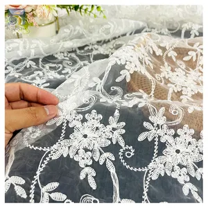 High Quality Pure Cotton French Wedding Lace Fabric Flower Water Soluble Embroidery Mesh Lace Embroidered Fabric