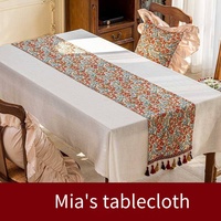 Nappe de table en polyester jacquard floral de luxe avec pompons, personnalisable pour la maison, l'hôtel, le restaurant et les fêtes
