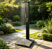 Douche de jardin extérieure en acier inoxydable LANO avec plateau en bois pour piscine, patio, terrasse