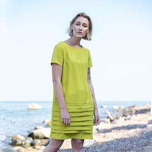 Vestido de lino de manga corta con cuello redondo para niña, vestido de tela de crepé de color amarillo, diseño a la moda - Product Image 2