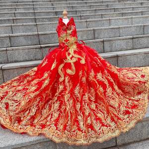 ชุดกี่เพ้าลายมังกรแดงและลวดลายมงคลพร้อมชายกระโปรงยาว ชุดเดรสสัตว์เลี้ยงน่ารักลายหมีน้อยแบบออริจินัลสำหรับแมวและสุนัข - Product Image 5