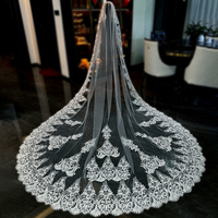 Voile de mariée Feishiluo de luxe, blanc ivoire, une seule couche, bordure en dentelle, broderie en dentelle, style élégant, 3,5 mètres de long, 100% polyester