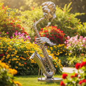 Scultura Artistica 3D di Sassofono in Acciaio Inossidabile Forgiato su Misura, Raffigurante un Movimento Musicale con Note Blu, per Piazze Cittadine - Product Image 2