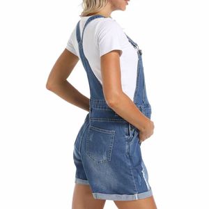 Overoles de mezclilla para mujer, de moda, casuales, de verano, transpirables, de poliéster sólido, de punto, de corte regular, por encima de la rodilla, con tirantes y dobladillo enrollado rasgado - Product Image 3