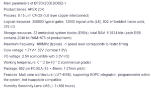 EP20K200EBC652-1, Circuito Integrado Controlador de Microprocesador FPGA para Diseño Lógico Programable - Product Image 2