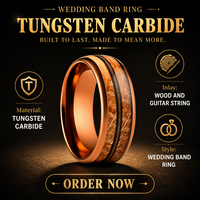 Bague en tungstène plaqué or rose 8 mm avec incrustation de cordes de guitare en bois de fût de whisky, pour hommes et femmes, bague de mariage, bague de fiançailles