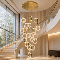 Lustre de Luxe en Cristal pour Escalier, Suspension Circulaire LED en Titane Doré pour Hall d'Entrée