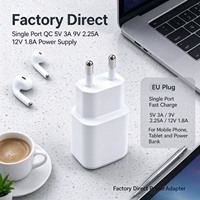 Adaptor Daya Profesional Single Port QC 5V 3A 9V 2.25A 12V 1.8A Colokan EU untuk Tablet, Kamera, Speaker, dan Pengisi Daya Ponsel