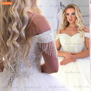 White Wedding Dress Mid Waist High Neck Lace Long Sleeves Short Style For Slim Look - Product Image 1