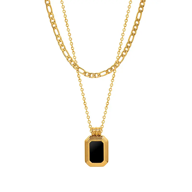 Nouvel arrivage collier en acier inoxydable Double couche noir coquillage acrylique à breloque carré pendentif pour femmes