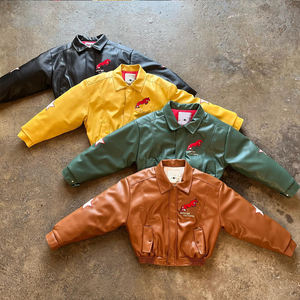 Alta calidad personalizado Chenille bordado Logo cintura elástica puños chaqueta de cuero genuino cuero lavado Vintage Pu chaqueta hombres - Product Image 1