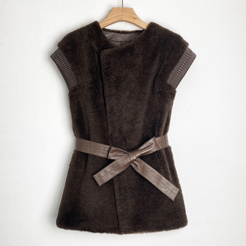 24006 Fashion Sleeveless Waistcoat Lace-up Medium Length Style Lagon Sheepskin Real Fur Vest for Women