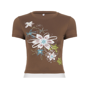 Camiseta de punto con estampado floral y bloques de color para mujer, cuello redondo, manga corta, informal, a la moda, top de verano - Product Image 6