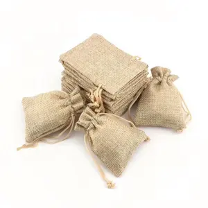 Small natural color drawstring jewelry pouch burlap linen jute sack packaging bag