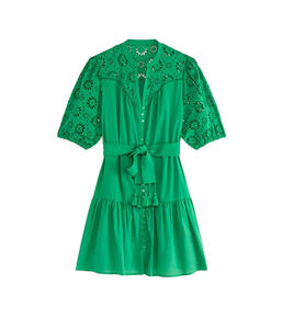 Mini robe décontractée courte à manches bulle personnalisée de haute qualité avec glands et ceinture brodés pour femmes - Product Image 4