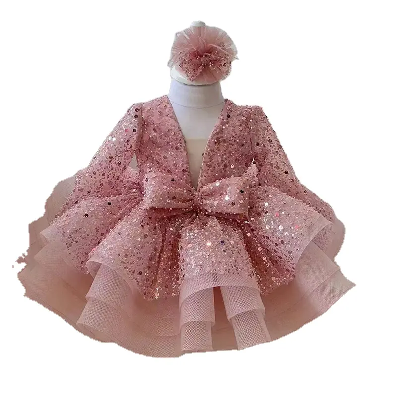 Girls Tulle Ball Gowns Kids Spanish Sequined Baby Solid Color Princess Dress Birthday Party Show Outfits Ruffle Sleeve Clothes