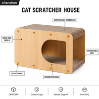 Maison-griffoir pour chat en carton ondulé avec panneaux latéraux en bois, entrée arrondie, montage facile, espace de repos confortable pour chats
