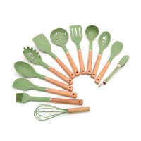 Ensemble d'ustensiles de cuisine en silicone Hopeshine SL0115 avec seau de rangement et poignées en bois