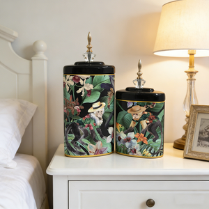 Set di Barattoli in Ceramica Tropicale di Lusso Forma Rettangolare con Coperchio in Cristallo Dorato Elegante Contenitore in Porcellana con Motivo Scimmia della Giungla per Arredamento Casa - Product Image 1