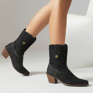 Low Block Heel Cowboy Shoes Dark Denim Mid Calf Western <b>Boots</b> Metal Button Decor For Holiday Trips And Casual Social Gatherings - Product Image 3