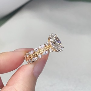 18K Yellow Gold <b>Oval</b> Lab Grown Diamond Bridal Jewelry Set Vintage Filigree <b>Ring</b> And Marquise Diamond Huggie Earrings - Product Image 4