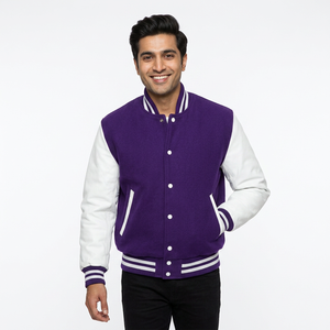 2026 New Arrival Customized Varsity Jacket Stand Collar <b>Leather</b> Sleeves Front Logo CollegeBaseballjacket for men - Product Image 1