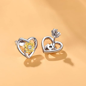 Orecchini a perno a forma di cuore e girasole da donna, bicolore, cavi, gioielli alla moda - Product Image 4