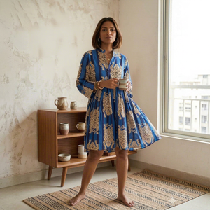 Robe midi bohème à imprimé animalier 100% coton avec col ras du cou et manches longues, coupe trapèze, ajustement régulier, décontractée pour l'été, ODM - Product Image 1