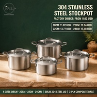 Casserole en acier inoxydable 304 avec couvercle entièrement en acier, base composite 3 plis, finition brossée, 18/20/22/24 cm, induction et cuisson domestique