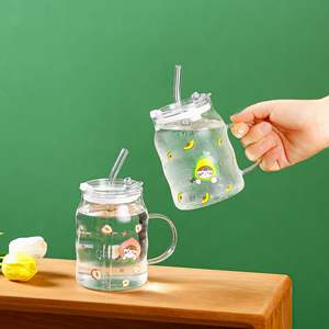 500ml Little Cute Cartoon Glass Printed Juice Coffee misurini colorati bicchiere in vetro trasparente smerigliato con coperchio e St - Product Image 5
