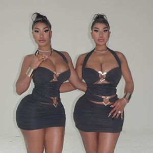 Halter neck low bust sleeveless heart metal buckle cut-out ruched <strong>sissy</strong> black micro mini sexy <strong>dresses</strong> - Product Image 1