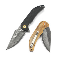 Couteau pliant de poche EDC haut de gamme en acier Damas avec manche en bois, gravure laser, idéal pour le camping en extérieur – Vente chaude, personnalisable, vente en gros