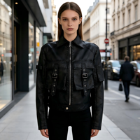 Veste en cuir de moto noire tendance, veste en cuir coupe-vent respectueuse de l'environnement, couleur et taille personnalisables