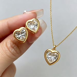 Parure de bijoux en laiton plaqué or 18 carats avec pendentif cœur serti de zircone cubique taillée en diamant et boucles d'oreilles clous pour femme, bijoux de mode en gros - Product Image 1