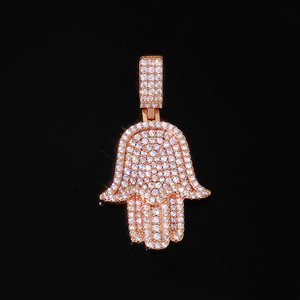 Pendentifs personnalisés en argent sterling S925 avec motif main de Fatma et moissanite, style hip-hop, plaqué or véritable, sertissage pavé, breloques Fatima - Product Image 2