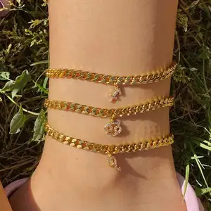 Fashion 18K gold plated stainless steel cuban link chain zodiac sign charm non tarnish stackable horoscope anklet for women girl