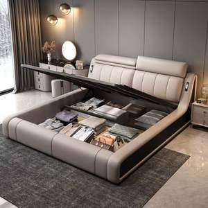 Современная кожаная кровать размера «King-Size» в европейском стиле с откидным верхом и возможностью хранения, набор для спальни с деревянным каркасом - Product Image 4