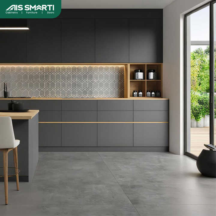 AIS 2025 High Quality Modern Solid Wood Kitchen Cabinets Matte Black ...