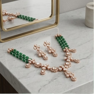 Rose Gold 925 Silver Moissanite Strand <b>Statement</b> <b>Necklace</b> Set Bridal Jewelry with Earrings for Wedding Party Wear Women - Product Image 2