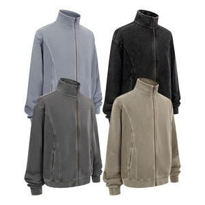 430gsm Heavyweight Cotton French Terry Hoodie Custom YKK Zipper <b>Washed</b> Patchwork DTG Embroidery Print <b>Stand</b> Collar High Quality - Product Image 3