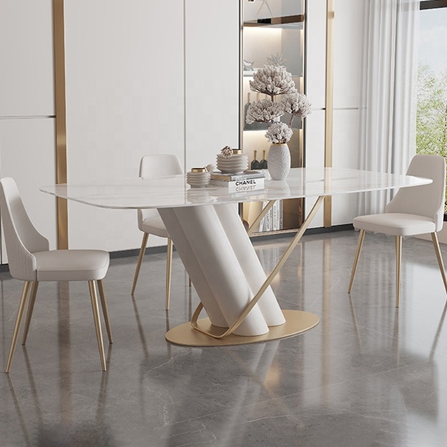 Dining Tables for Kitchen Light Luxury Modern Dining Table Set 6 Chairs Stainless Steel Base Rectangle Rock Plate Dining Table
