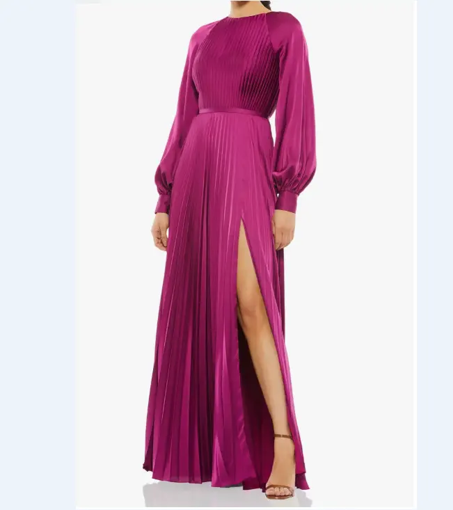 2022 Summer OEM Fashion Pleated Long Lantern Sleeve O-Neck Satin Side Slit Dress Women Party Dresses Long Evening Elegant