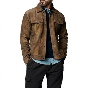 <b>Men's</b> Vintage <b>Suede</b> Leather Trucker <b>Jacket</b> Turn-down Collar Workwear Style Autumn Solid Color Button Closure Regular Fit - Product Image 1