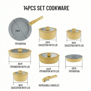 Ensemble de casseroles en aluminium forgé jaune E-TOP 14 pièces, antiadhésif, facile à ranger, avec poignée amovible pour la cuisson - Product Image 2