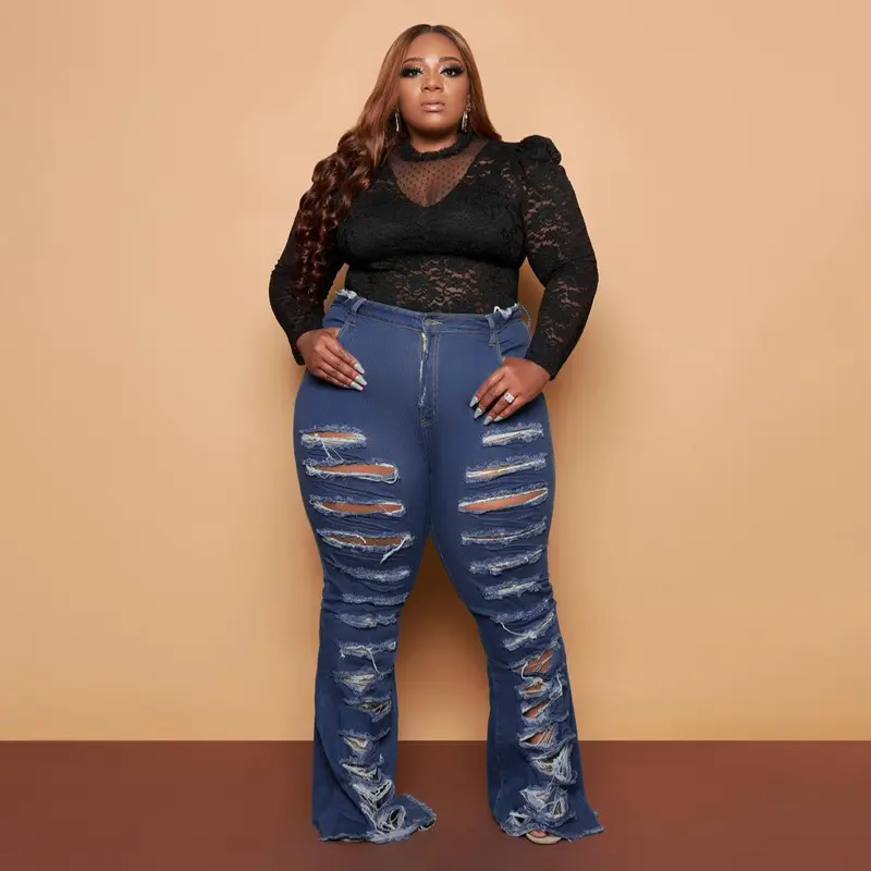 fashion Plus Size Pants High Street Women Clothing Denim Bottoms Washed Ripped long Jeans extra long skinny jeans for tall women